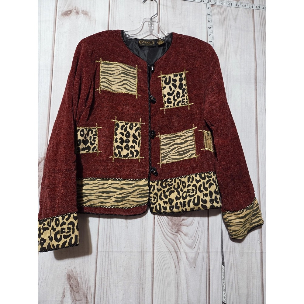 Alex Jacket Womens Medium Red Velvet Animal Print Patchwork Boho India Buttons
